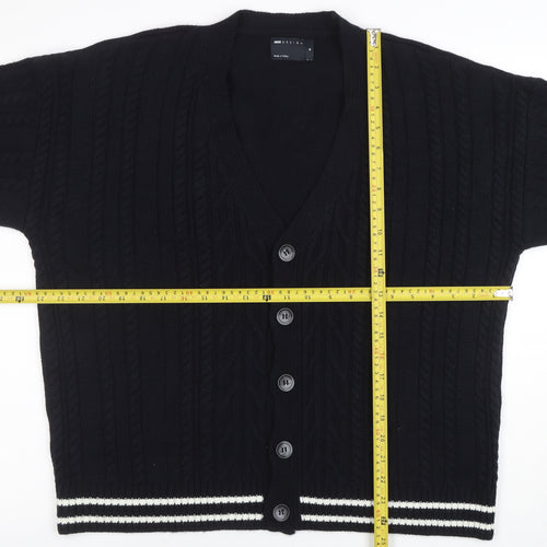 ASOS DESIGN Men's Black Cable-Knit Cardigan M V-Neck Button Front