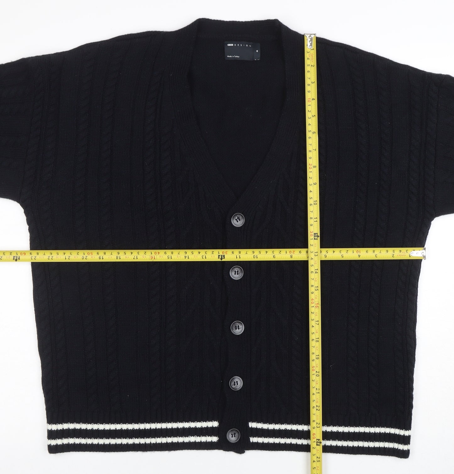 ASOS DESIGN Men's Black Cable-Knit Cardigan M V-Neck Button Front