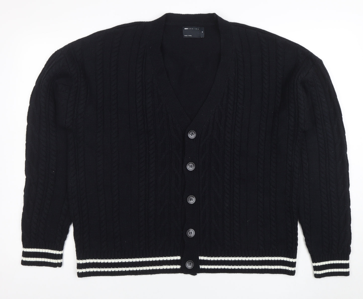 ASOS DESIGN Men's Black Cable-Knit Cardigan M V-Neck Button Front