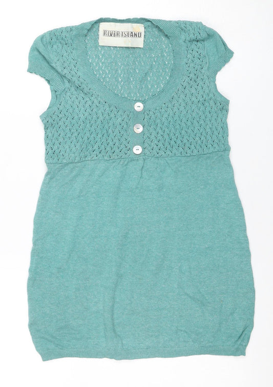 River Island Women’s Green Knit Cropped Button Blouse Size 8