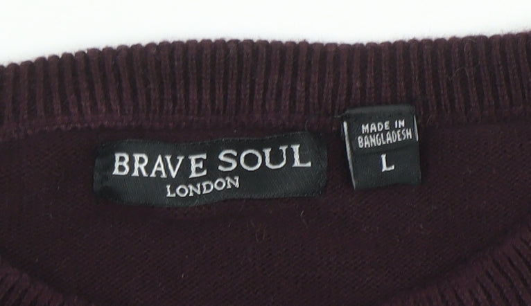 Brave Soul Men's Brown Cotton Crew Neck Jumper Size L