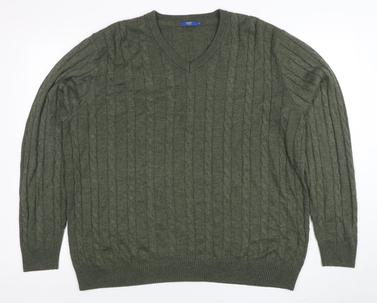 Cotton Traders Men's Ivy Green XL Cable-Knit V-Neck Jumper