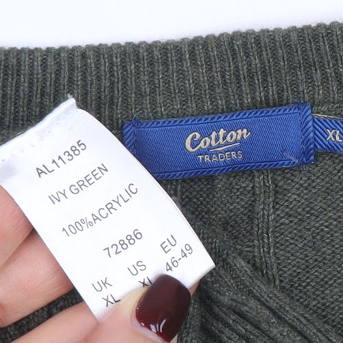 Cotton Traders Men's Ivy Green XL Cable-Knit V-Neck Jumper