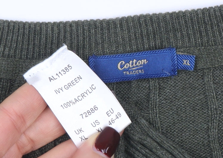 Cotton Traders Men's Ivy Green XL Cable-Knit V-Neck Jumper