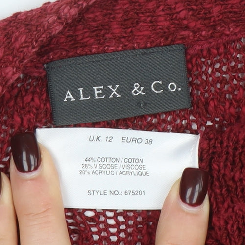 Alex & Co Women Red Knit Open Cardigan UK 12 V-Neck Cotton Blend