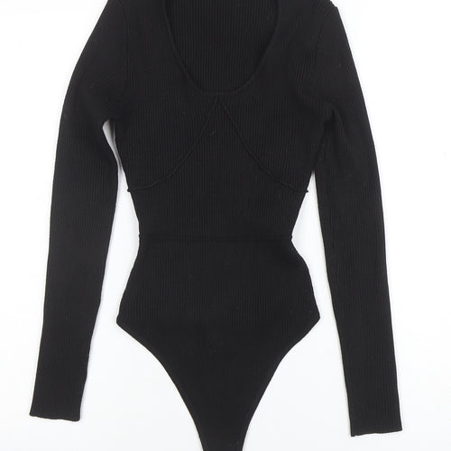 Missguided Women Black Ribbed Long Sleeve Bodysuit UK 8