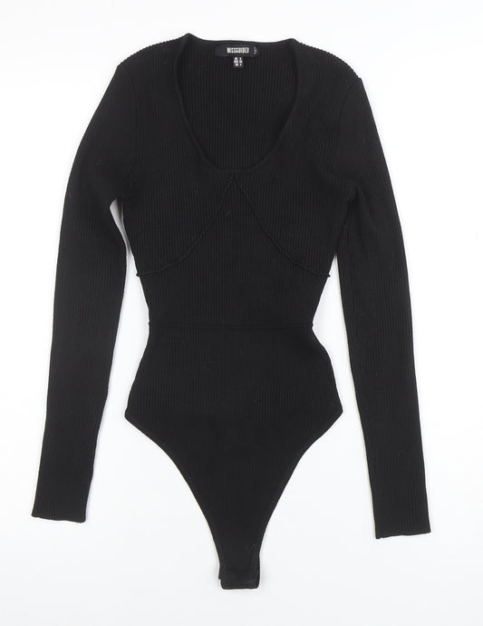 Missguided Women Black Ribbed Long Sleeve Bodysuit UK 8