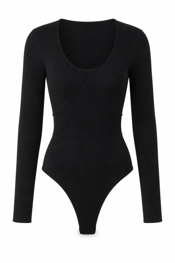 Missguided Women Black Ribbed Long Sleeve Bodysuit UK 8
