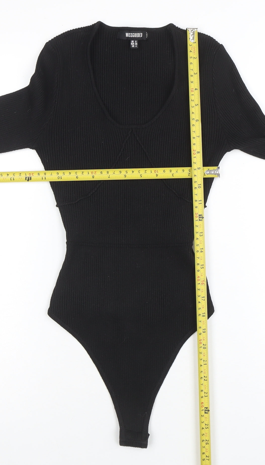 Missguided Women Black Ribbed Long Sleeve Bodysuit UK 8