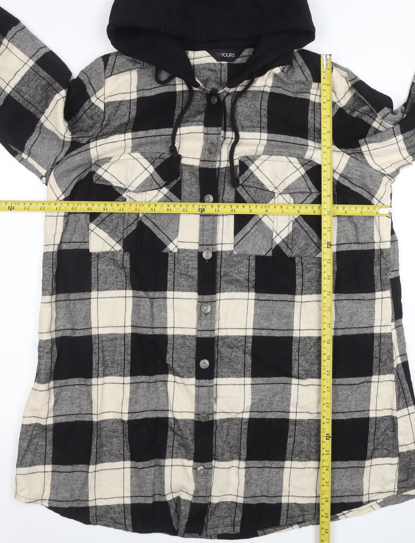 Yours Women’s Black Checked Cotton Hooded Flannel Shirt UK 16