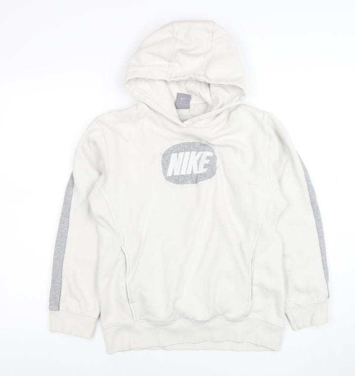 Nike Womens White Grey Hoodie L 14-16 Pullover Cotton Blend Logo