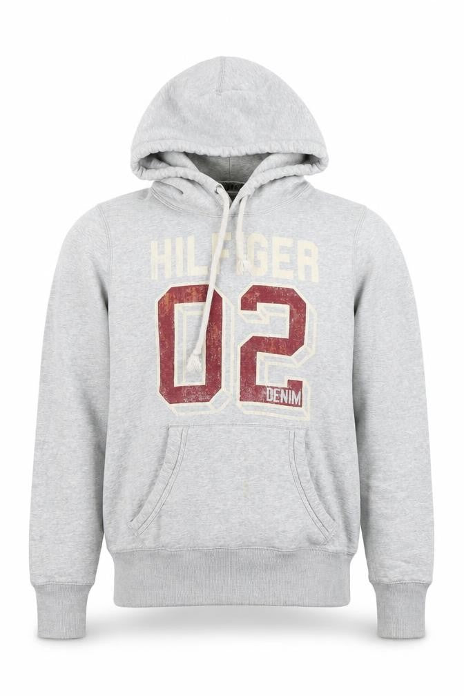 Front view of Tommy Hilfiger Men's Grey Pullover Hoodie Medium Logo Sports Fleece