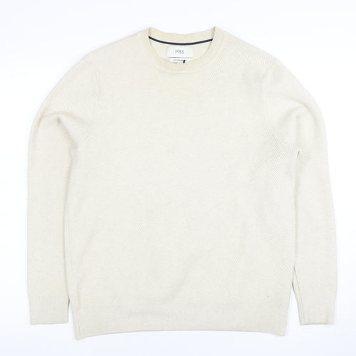 Marks and Spencer Men's Beige Cotton Blend Crew Neck Jumper M