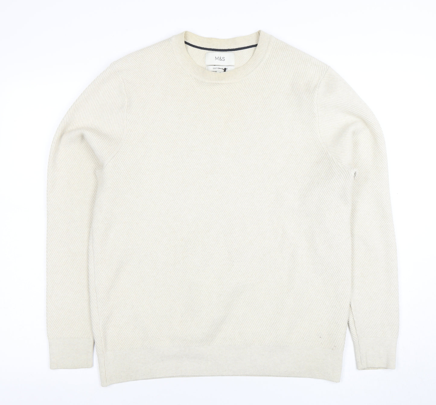 Marks and Spencer Men's Beige Cotton Blend Crew Neck Jumper M