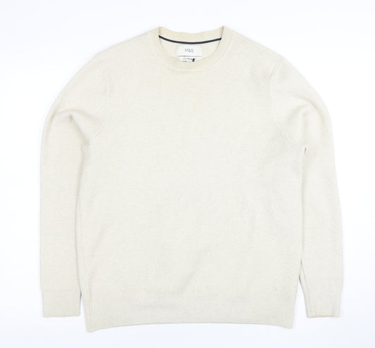 Marks and Spencer Men's Beige Cotton Blend Crew Neck Jumper M