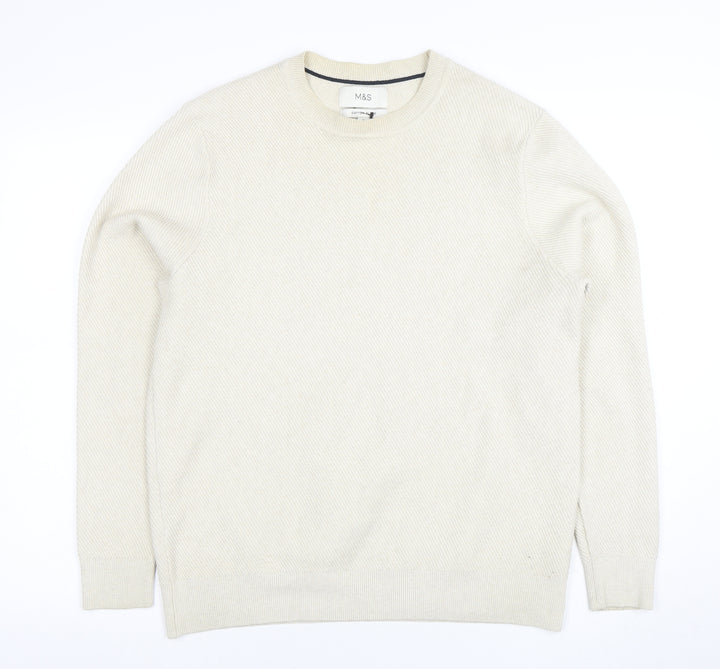 Marks and Spencer Men's Beige Cotton Blend Crew Neck Jumper M