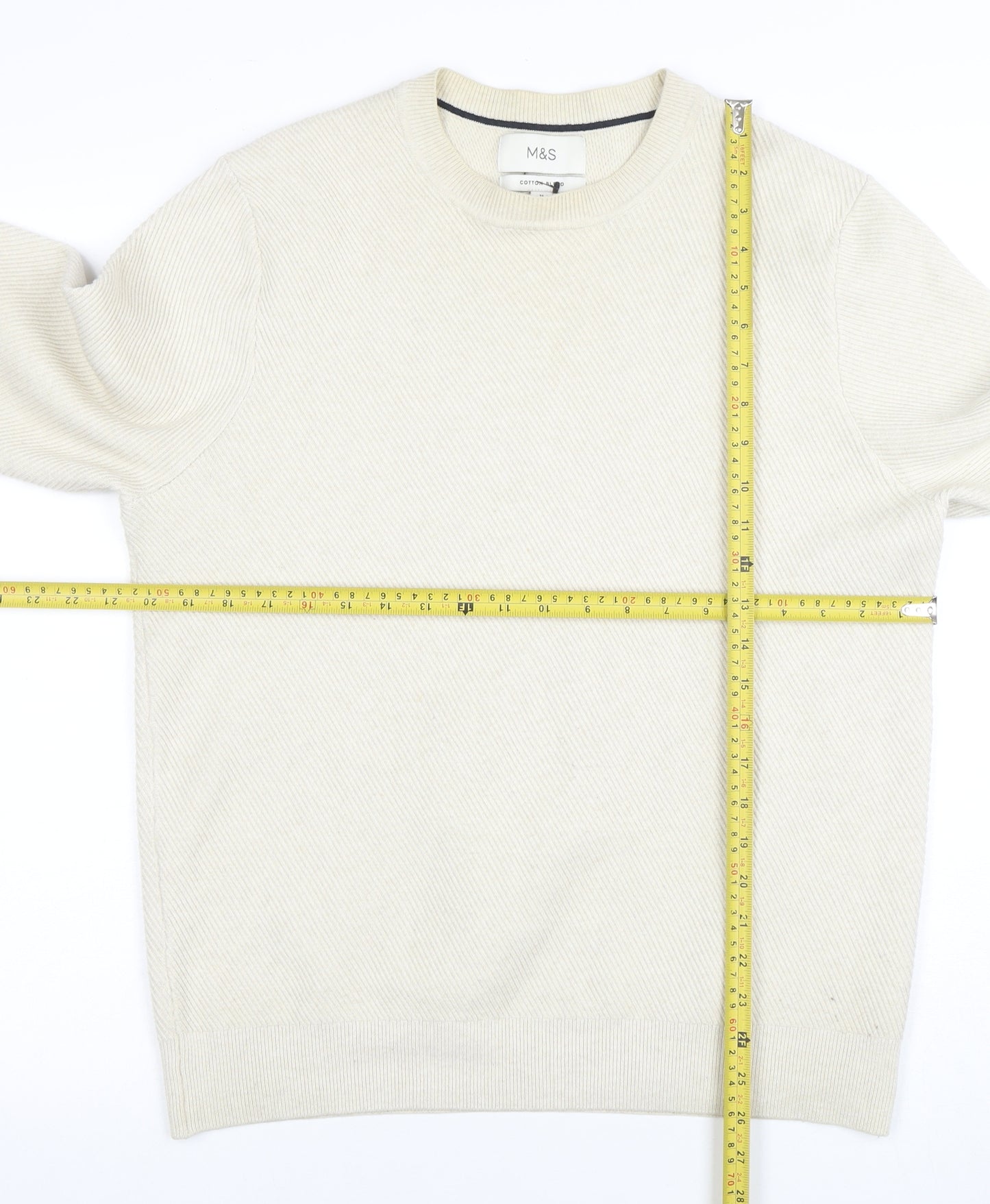 Marks and Spencer Men's Beige Cotton Blend Crew Neck Jumper M