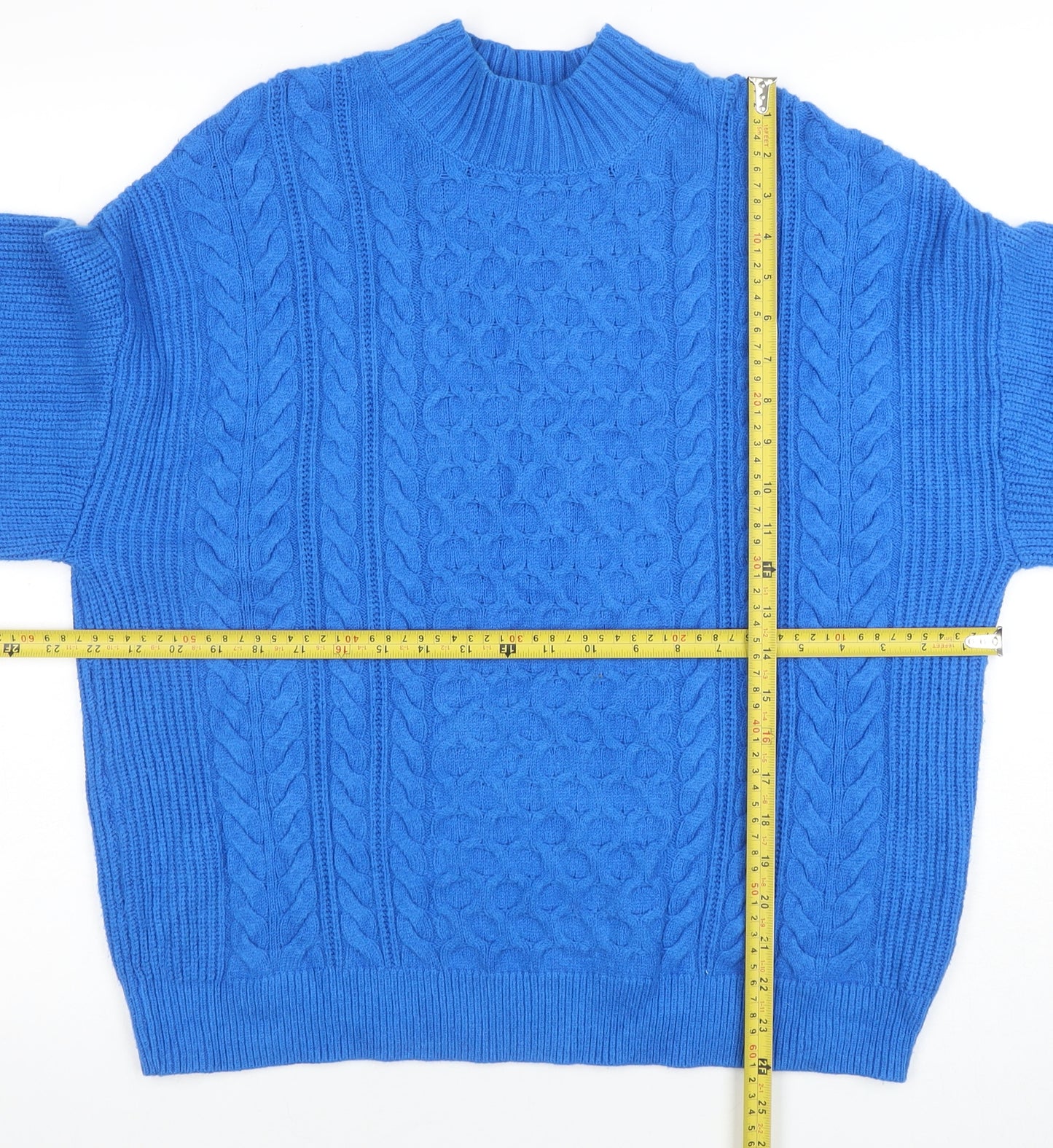Marks and Spencer Women’s Blue Cable-Knit Mock Neck Jumper Size L