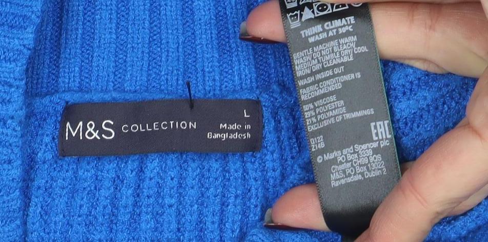 Marks and Spencer Women’s Blue Cable-Knit Mock Neck Jumper Size L