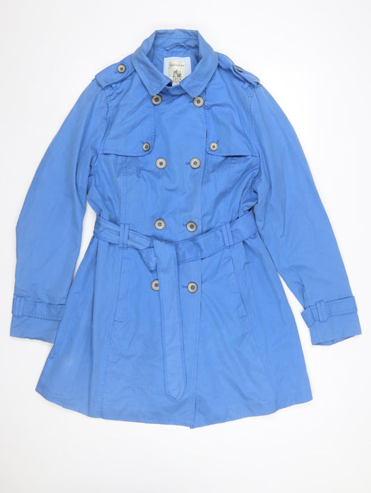 Crew Clothing Women Blue Trench Coat Size 16 Belted Cotton Blend