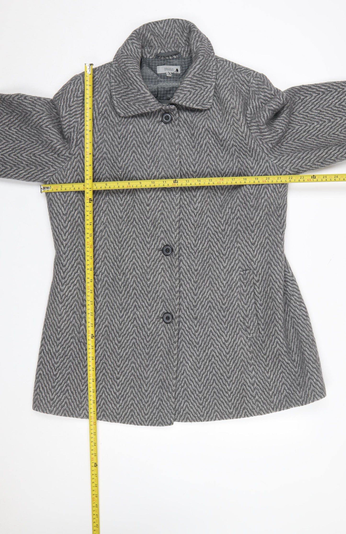 Marks and Spencer Women's Grey Wool Herringbone Mid-Length Coat UK 16