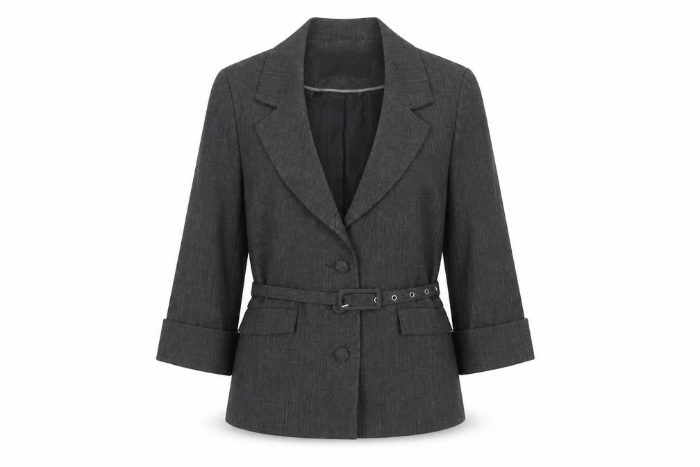 Front view of Atmosphere Women's Grey Belted Blazer, size 12, Tailored Work Jacket