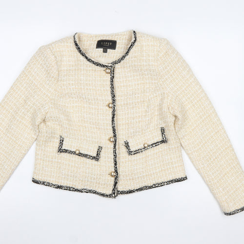 Lipsy Women Beige Bouclé Tweed Blazer Jacket UK 10 Long Sleeve Lined