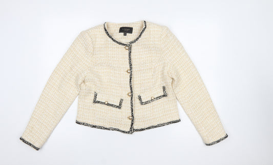 Lipsy Women Beige Bouclé Tweed Blazer Jacket UK 10 Long Sleeve Lined
