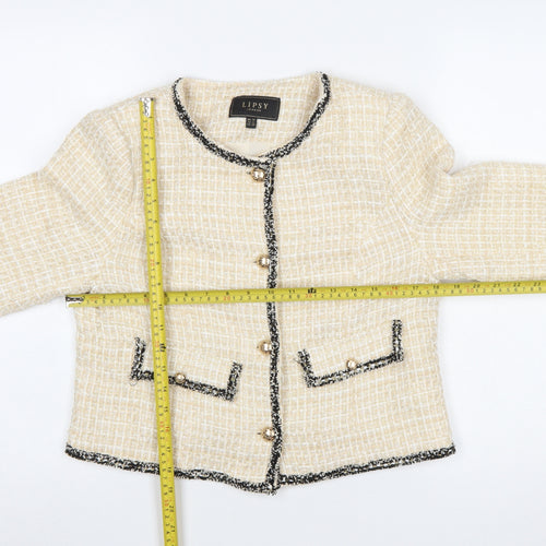 Lipsy Women Beige Bouclé Tweed Blazer Jacket UK 10 Long Sleeve Lined