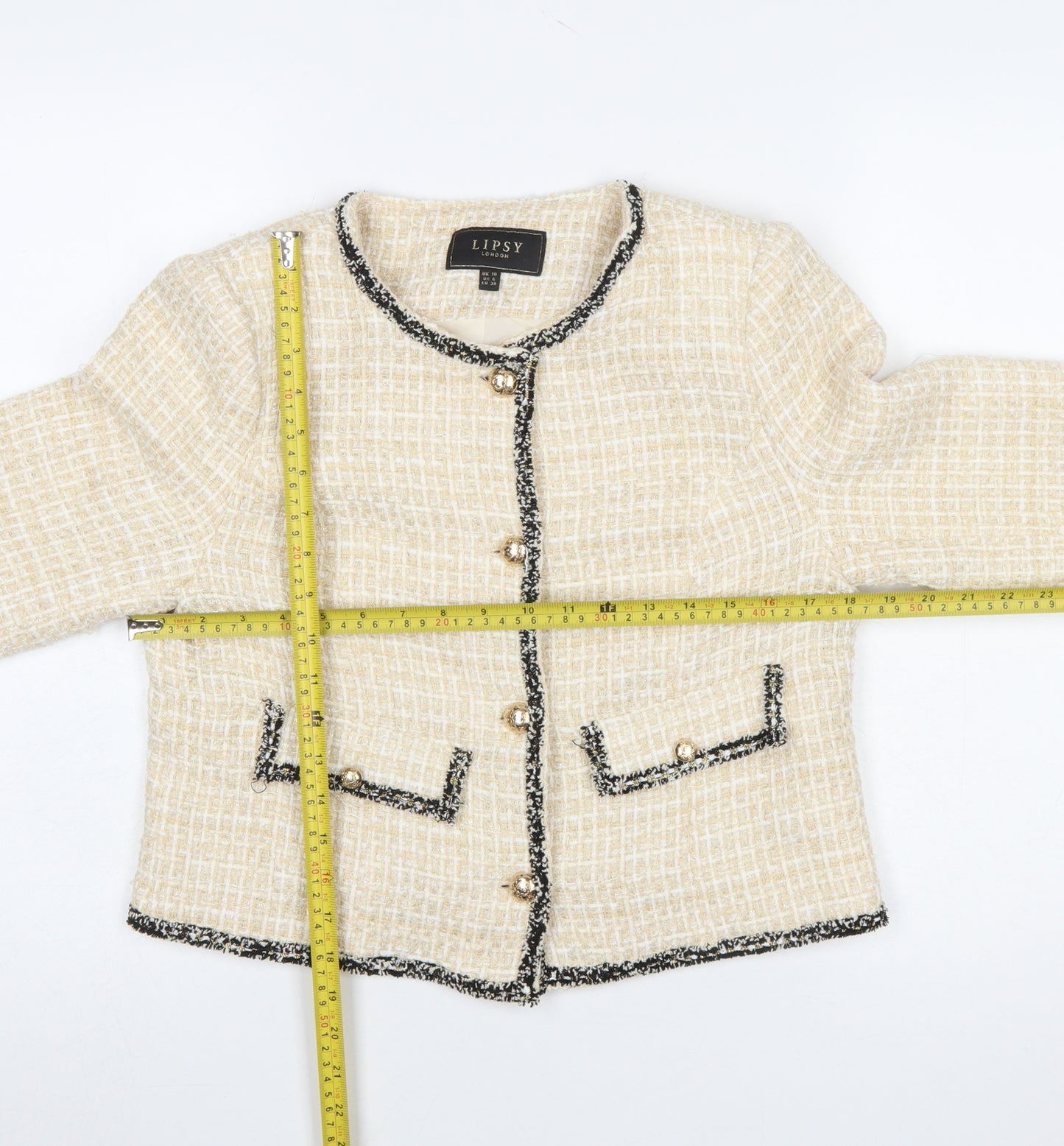 Lipsy Women Beige Bouclé Tweed Blazer Jacket UK 10 Long Sleeve Lined