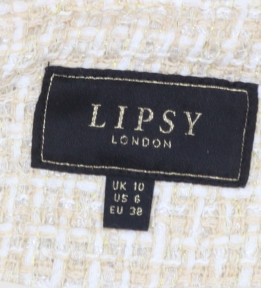 Lipsy Women Beige Bouclé Tweed Blazer Jacket UK 10 Long Sleeve Lined