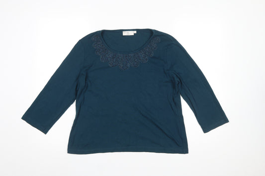 CC Petite Women's Blue Beaded Scoop Neck 3/4 Sleeve Cotton Top Size L