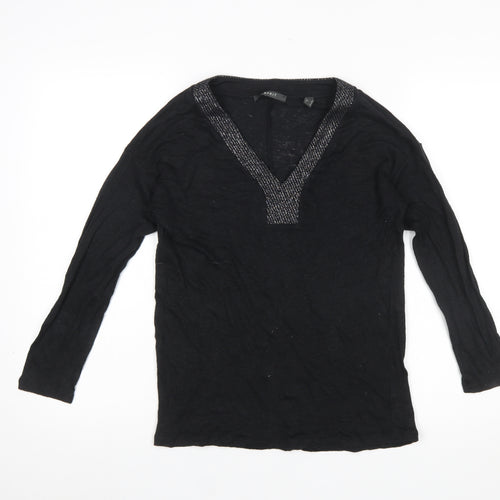 Esprit Women's Black Long Sleeve V-Neck Beaded Cotton Blouse Size S