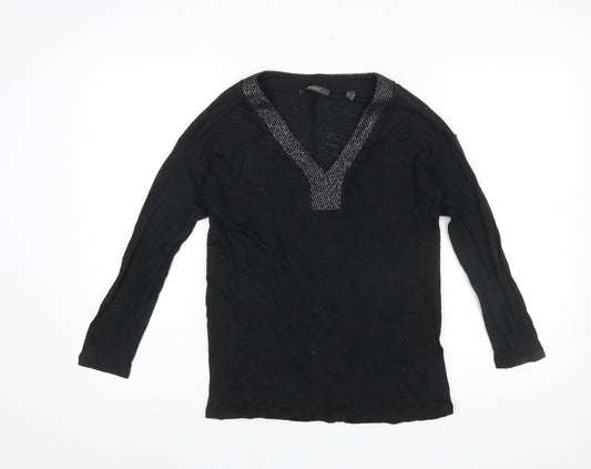 Esprit Women's Black Long Sleeve V-Neck Beaded Cotton Blouse Size S