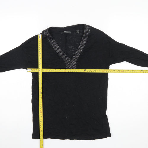Esprit Women's Black Long Sleeve V-Neck Beaded Cotton Blouse Size S