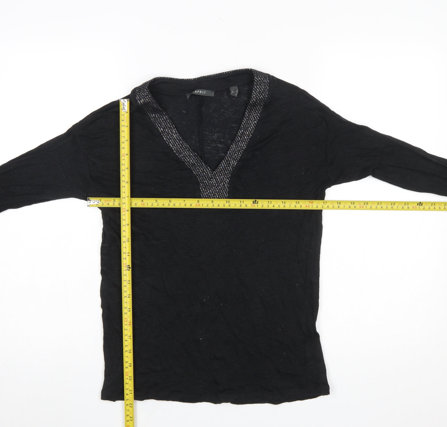Esprit Women's Black Long Sleeve V-Neck Beaded Cotton Blouse Size S