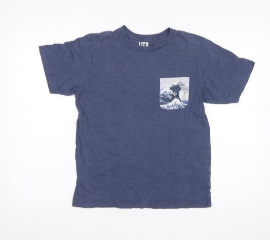 Uniqlo Women Blue Hokusai Art Pocket Cotton T-Shirt Size S