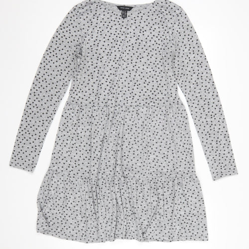 New Look Women Grey Polka Dot Skater Dress Size 12 Long Sleeve