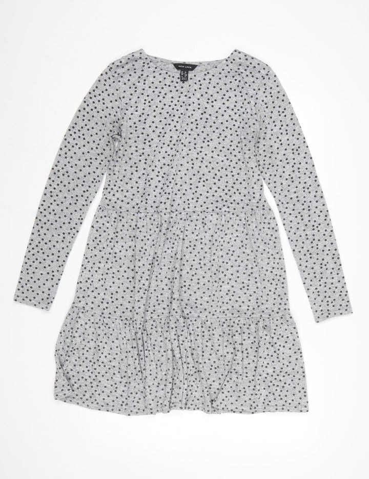 New Look Women Grey Polka Dot Skater Dress Size 12 Long Sleeve