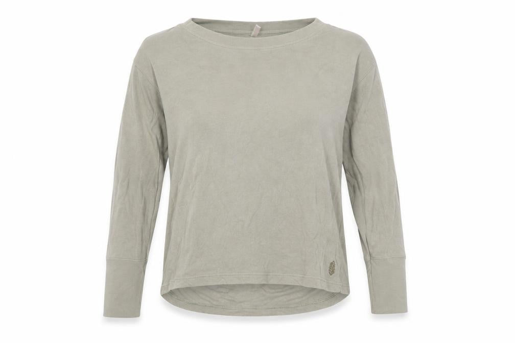 Front view of For Movement Women's Beige Long Sleeve Modal Blend T-Shirt, size S