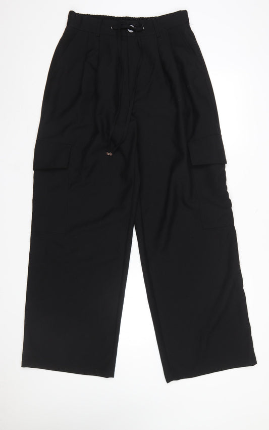 Stradivarius Women Black Cargo Trousers Size 12 Wide-Leg Drawstring