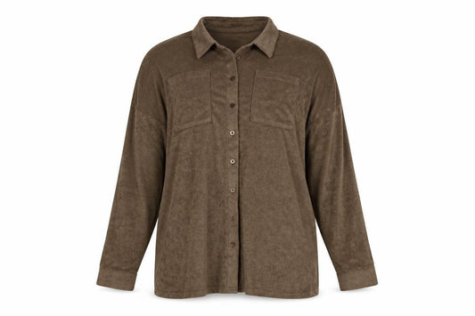 Front view of PRETTYLITTLETHING Women’s Brown, size UK 14, Button-Up Fleece Shirt
