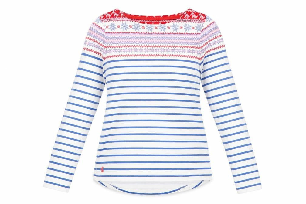 Front view of Joules women’s multicoloured striped cotton long sleeve top, size UK 10