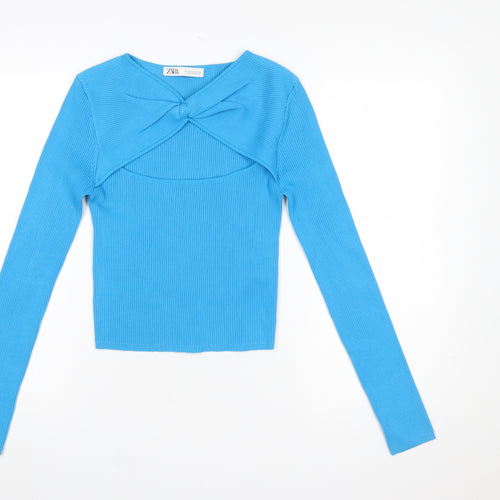 Zara Women Blue Slim Fit Bow Front Knit Pullover Jumper Size 12
