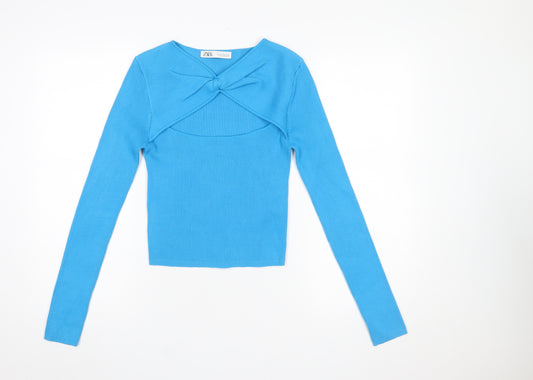 Zara Women Blue Slim Fit Bow Front Knit Pullover Jumper Size 12