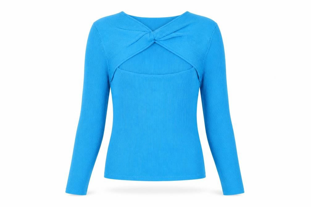 Front view of Zara Women Blue Slim Fit Bow Front Knit jumper, size 12