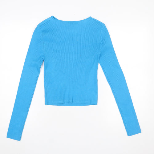 Zara Women Blue Slim Fit Bow Front Knit Pullover Jumper Size 12