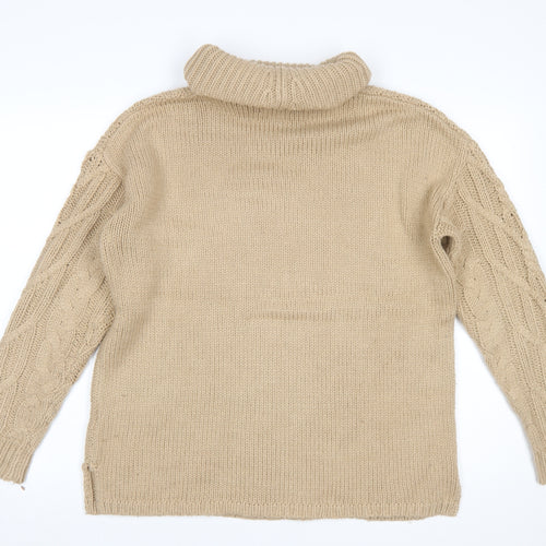 Cotton Traders Women Beige Size 14 Cable Roll Neck Jumper