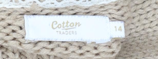 Cotton Traders Women Beige Size 14 Cable Roll Neck Jumper