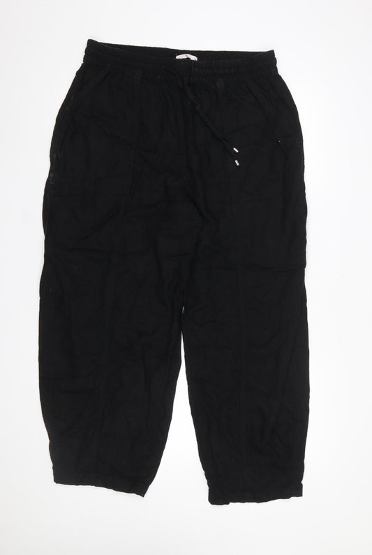 Tu Women Black Linen Cropped Trousers Size 16 Elastic Waist